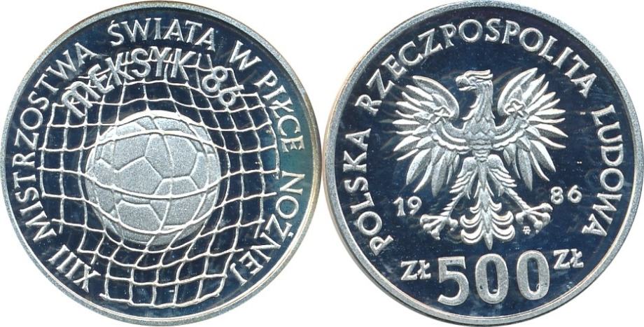 Srebrnik Poland 1986 500 Zloty nogomet World Cup PROOF