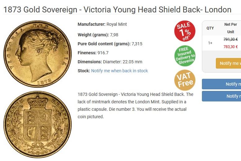 UGODNO PRODAM ZLATNIK: 1873 - Victoria Young Head Shield Back- London
