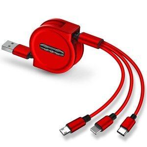 Kabel USB Eonline 2.5A 3 v 1, micro USB, 8 pin, USB C, 120 cm, rdeč