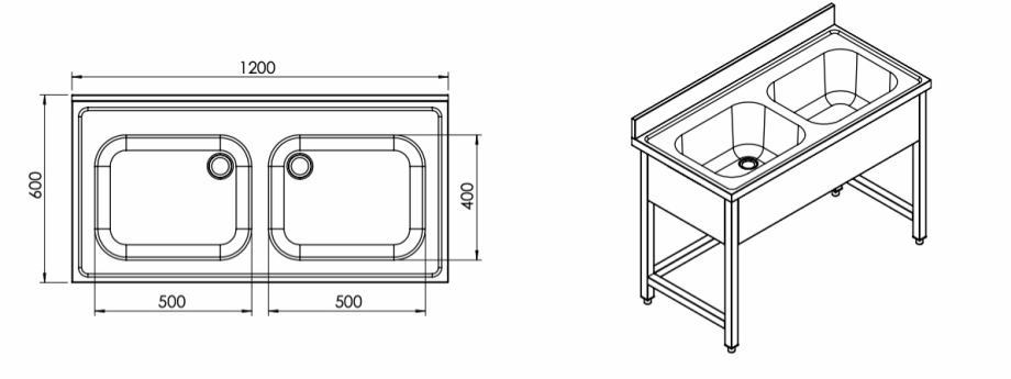 Pomivalno korito, 2 korita, 1200x600x850 mm, brez spodnje police