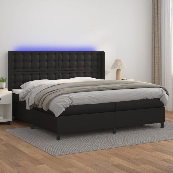 vidaXL Box spring postelja z vzmetnico LED črna 200x200cm umetno usnje