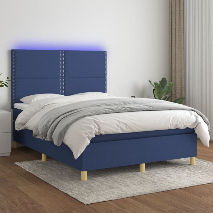 vidaXL Box spring postelja z vzmetnico LED modra 140x200 cm blago