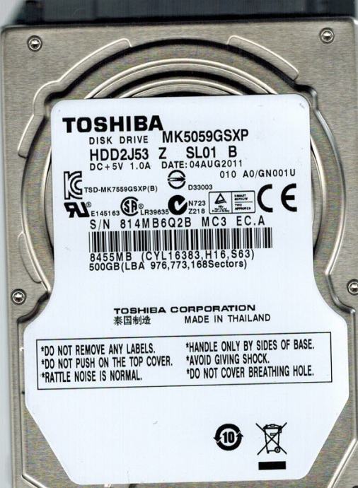 Toshiba 500GB, 2.5" (MK5059GSXP) trdi disk