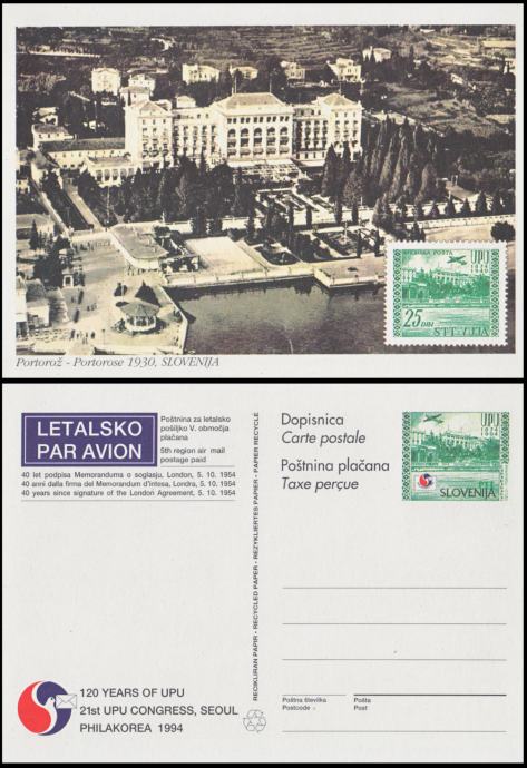 SLOVENIJA 1994 LETALSKA PHILAKOREA ** Št. 12 ** dopisnica