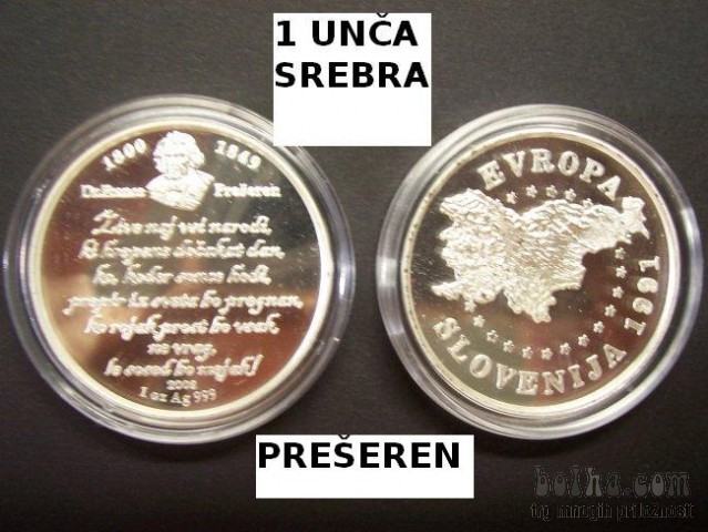 SLO - SREBRNIK PREŠEREN 1 OZ ( 1 UNČA ) - 2009 - UNC