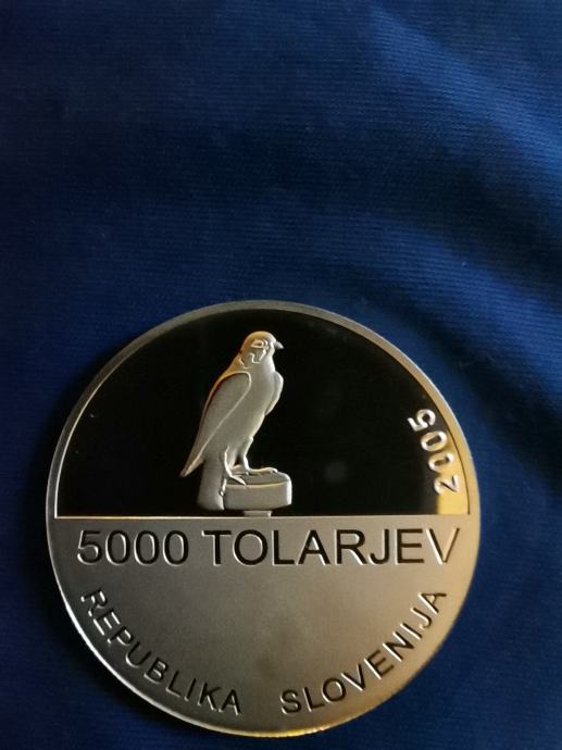 SLOVENIJA 5000 tolarjev 2005 100 let Sokolske zv. srebrnik PP certifik