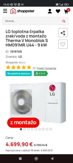 NOVA! LG toplotna črpalka Therma V Monoblok 9kw