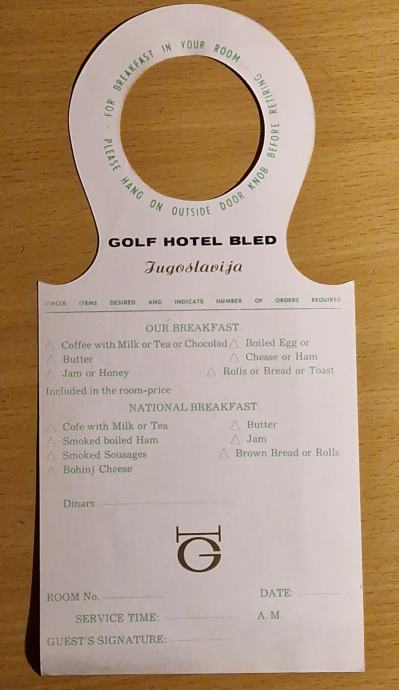 Stari Golf hotel suvenir Breakfast in your Room ex Yu