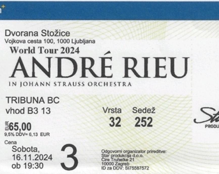 Andre Rieu 100 eur za dve vstopnici