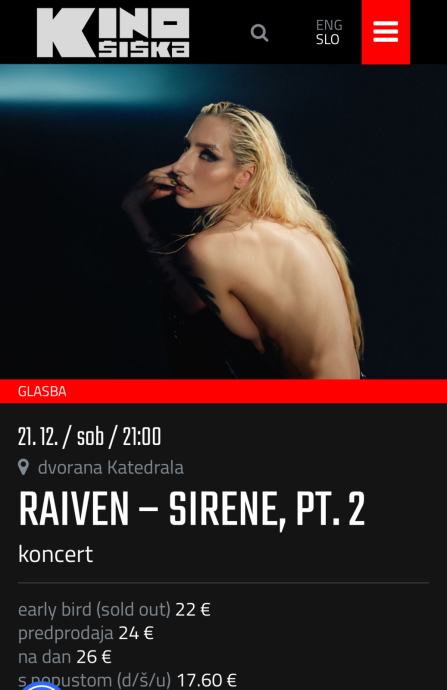 Raiven - Kino Šiška 21.12.2024 - 2 karti - 35 EUR