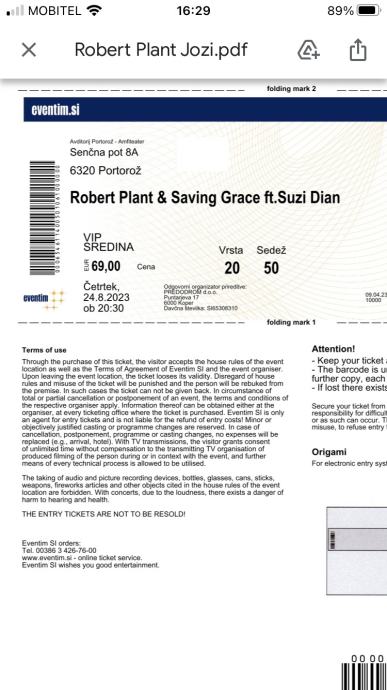 Vstopnica robert plant-avditorij portoroz 24.8.2023