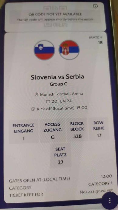 Prodam karto Slovenija-Srbija Euro 2024