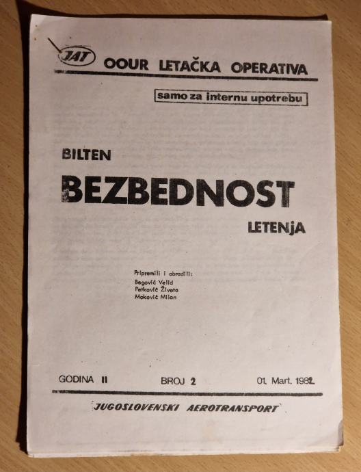 Stari JAT Bilten Bezbednost letenja 1982. Jugoslovenski aerotransport