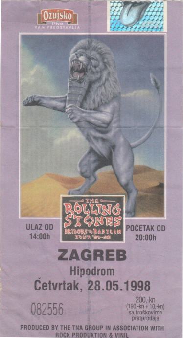 Vstopnica za Rolling Stones, Zagreb, 28.5.1998